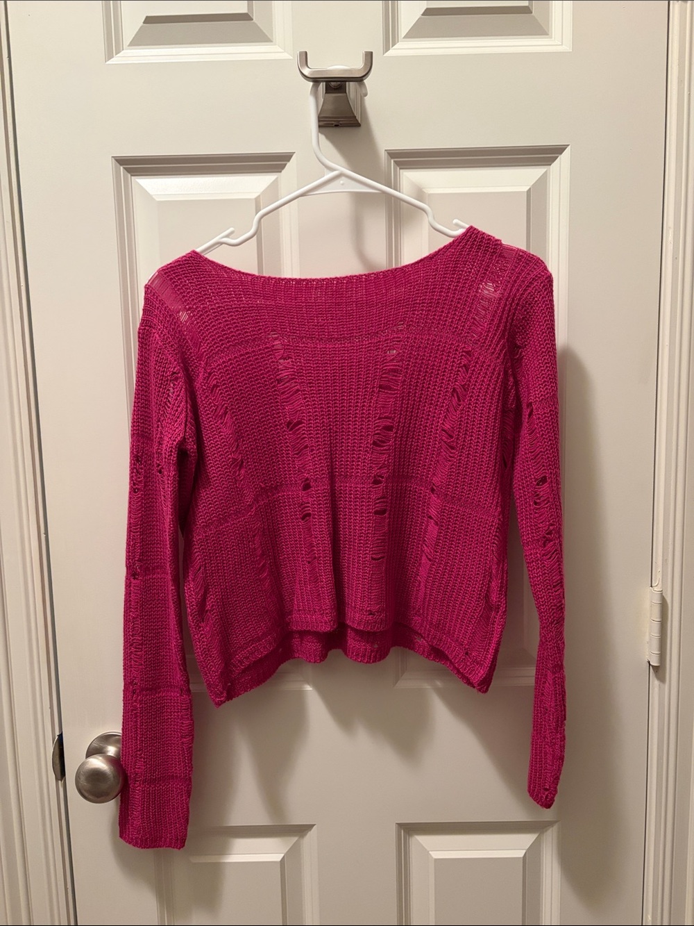 Women's Fuchsia Distressed Knit Sweater